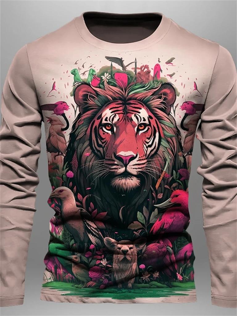 Мужская футболка с длинным рукавом Тигр Лев Животное 3D-принт Уличные топы Градиентный узор Повседневный Длинный рукав Круглый вырез Оверсайз Топы