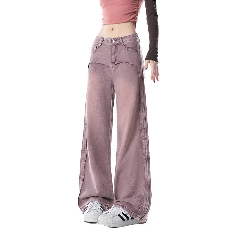 Фиолетовые джинсы нестандартной формы в стиле ретро для женщин с широкими штанинами, прямые брюки для пухлых мм, утягивающие длинные брюки большого размера