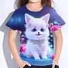 Children's Cartoon Kitten Printed Colorful Round Neck T-shirt for Girls, Fashionable Soft Comfortable T-shirt