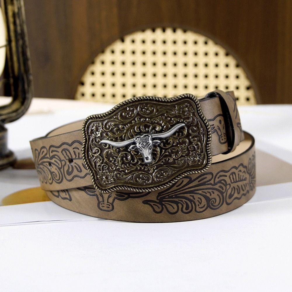 Retro Western Cowboy Belt Cow Head Buckle Waistband Trendy Embossed Belt For Man Women