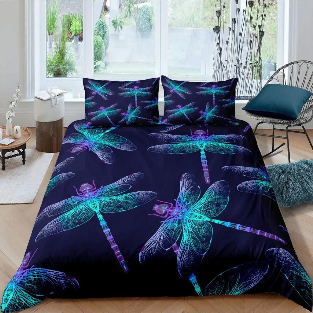 Bohemian Dragonfly Duvet Cover Set King Size Mandala Paisley Bedding Set Purple Tie Dye Iridescent Hippie Polyester Quilt Cover
