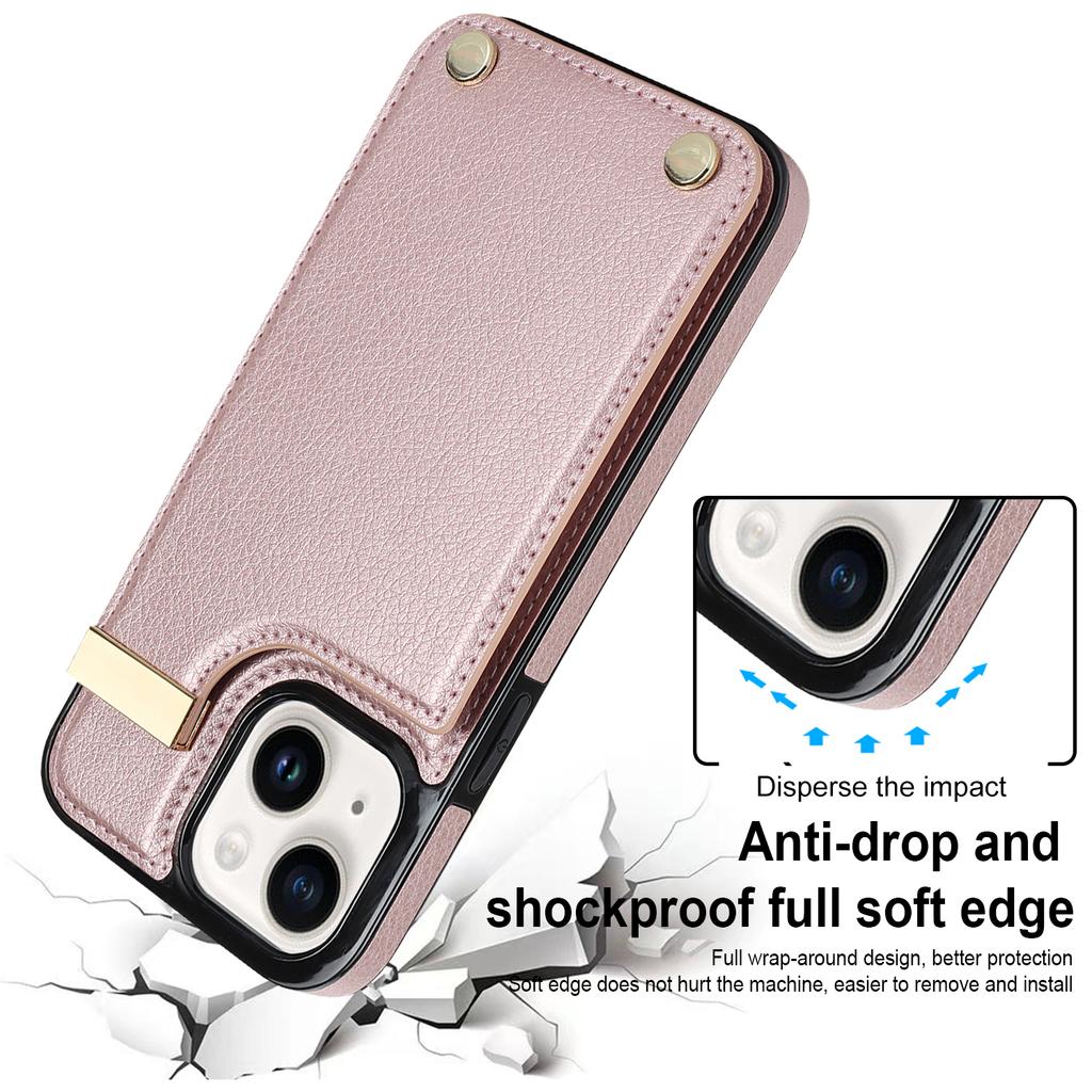 For iPhone 15 Plus Anti-Shock Case TPU+PU Leather+Metal Phone Cover with Card Holder