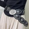 Women Belt Round Buckle Wide Eyelets Faux Leather Adjustable Belt Exaggerated Round Shape Hollow Disc Waist Belt