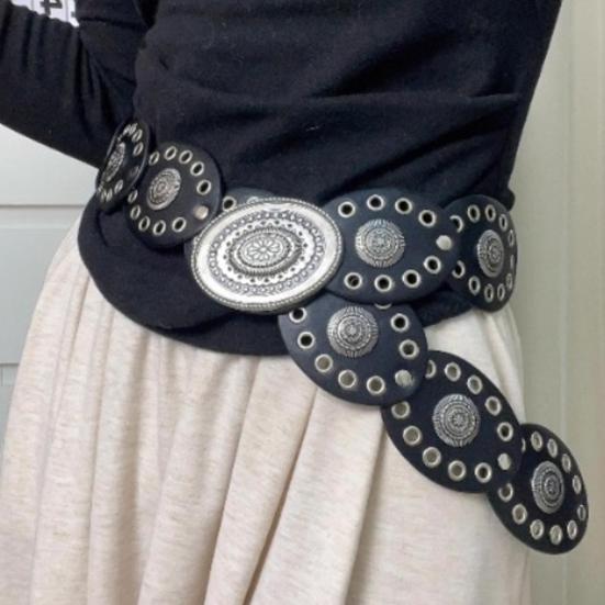 Women Belt Round Buckle Wide Eyelets Faux Leather Adjustable Belt Exaggerated Round Shape Hollow Disc Waist Belt