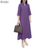 Women Casual V-Neck Solid Color Loose 3/4 Sleeve Long Dress