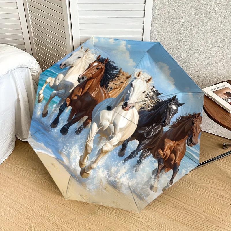 1pc running horses on the beach Umbrella with Plastic Handle,Suitable for All Seasons Home Travel Outdoor UmbrellaDD1632