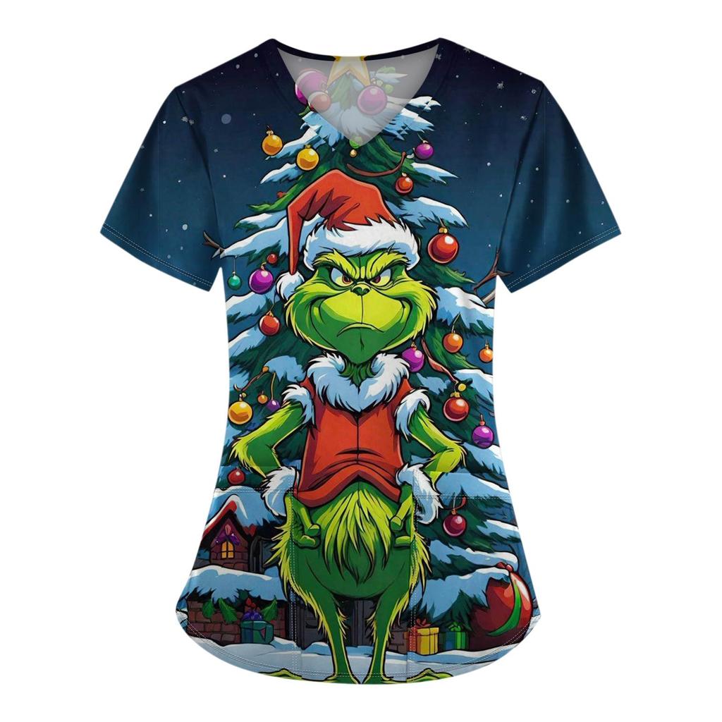 Женские модные топы с короткими рукавами и V-образным вырезом с принтом, рабочие футболки с карманами