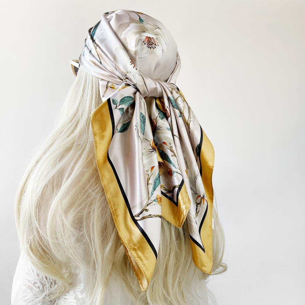 Women's silk scarf large square scarf fashion floral print vintage headscarf faux silk satin scarf