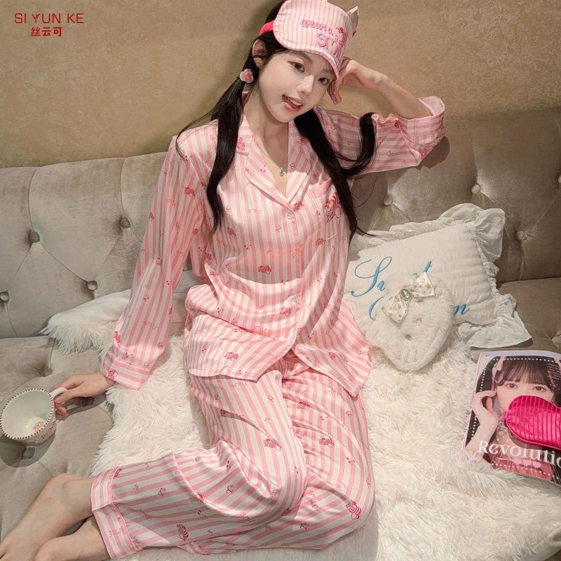 Korean 1011 spring new cartoon striped loungewear ice and snow silk long-sleeved trousers with eye mask ins loungewear