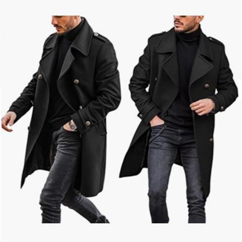Mens Mid-Length Wool Blend Coat British Style Slim Fit Double Breasted Suit Collar Winter Warm Outerwear