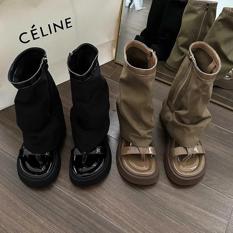 Сандалии женские летние с открытым носком на платформе, модные сандалии 2025 года, новые джинсы с боковой молнией, ботильоны на высокой подошве