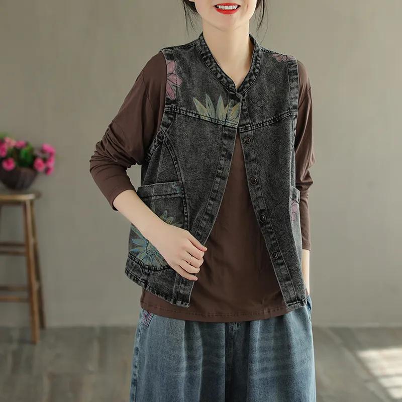 Ladies Spring and Summer Short Printed Denim Vest Loose Sleeveless Thin Jacket