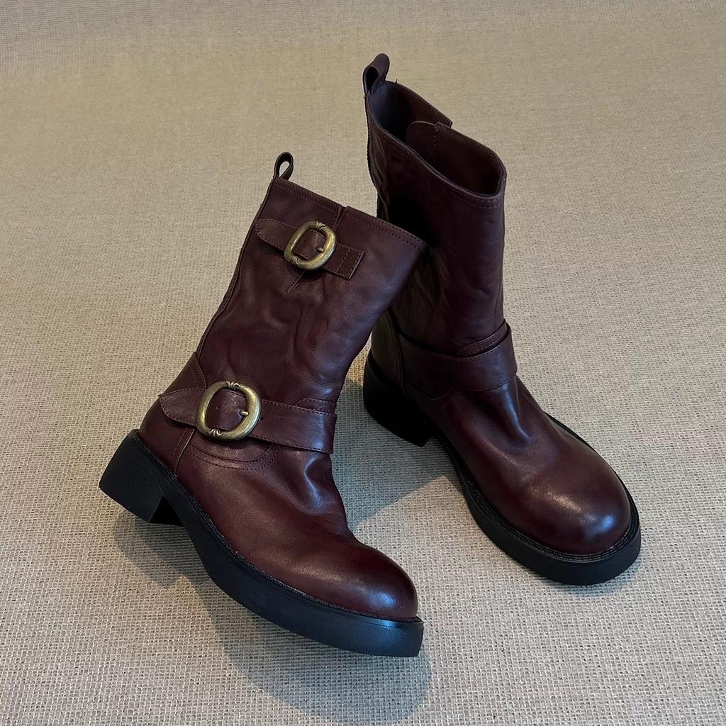 Версия из коровьей кожи ретро пряжка для ремня натуральная кожа ботинки-локомотивы ботинки Мартин женские универсальные британский стиль платформа рыцарские ботинки короткие ботинки