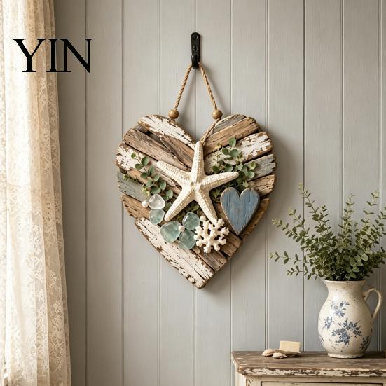 Natural Jute Rope Wall Art Rustic Coastal Heart Shape Hanging Ornament with LED Light, Distressed Farmhouse Pendant Lighted Pumpkin Decor Wood Beads &