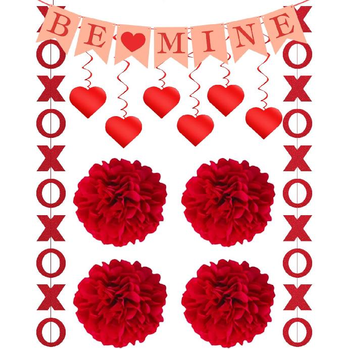 Valentines Day Decorations Kit, 13Pcs Valentines Day Decor with Hanging Heart Swirls, BE Mine XO Garlands Banner, Indoor Valentine Decorations for