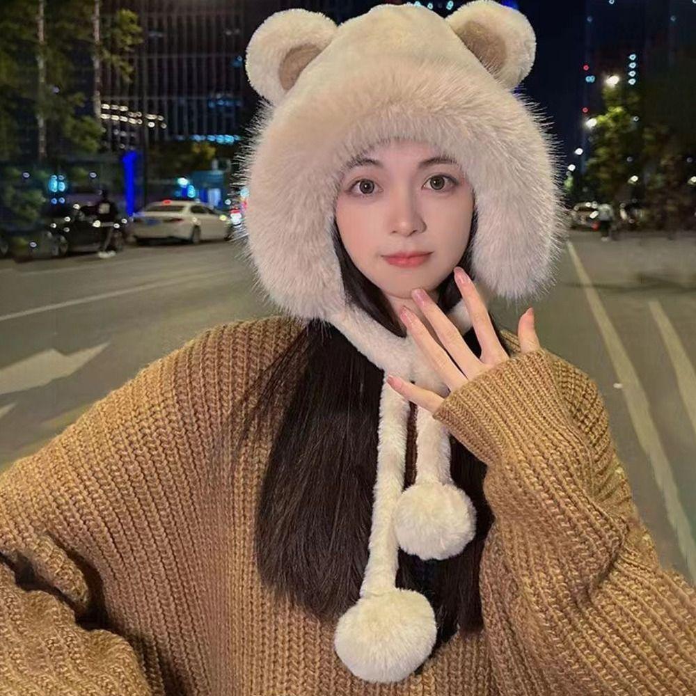 Velvet Lining Winter Hat Cute Bear Ears Bucket Hat Cold-proof Windproof Hat Women