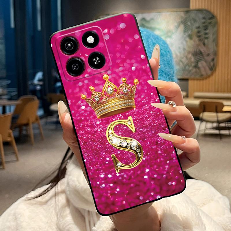 Cool Lucky A-Z Letter Phone Case For ZTE Blade A35/A55 Soft Silicone Black Case Shockproof Luxurious Glitter Crown Shell