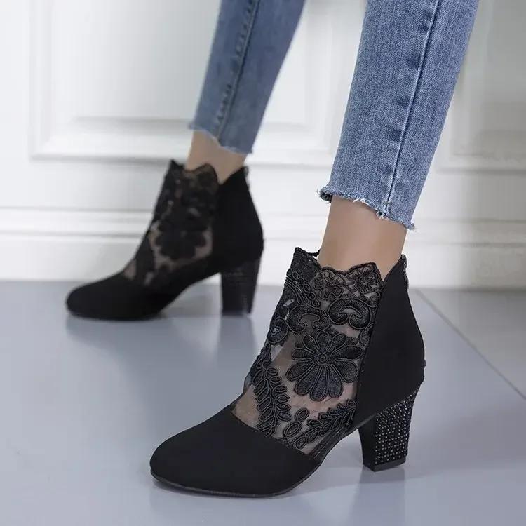 Women's Lace Heeled Shoes Fashion Ladies Roman Sandals Breathable Ladies Shoes Elegant Ladies Pumps New Mesh Sandalias De Tacón