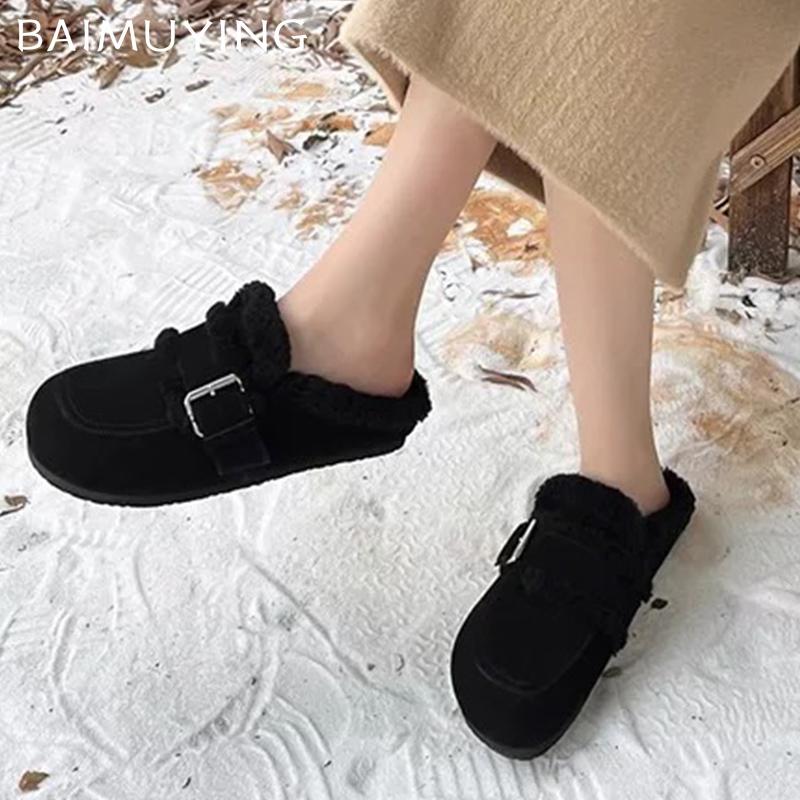 Меховые балетки женские хлопковые тапочки замшевые короткие плюшевые пряжки мюли обувь 2025 тренд теплые зимние сапоги уютные домашние зимние женские сапоги