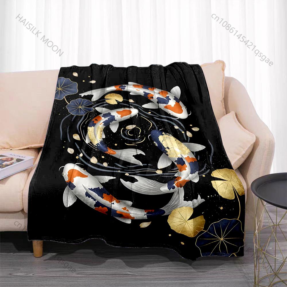 1PC Koi pair lotus stained glass Print Blanket Flannel Material Soft Warm for All Seasons Home Outdoor Camping Picnics RV