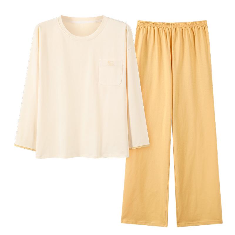 Женская пижама из чистого хлопка с вкладышами на грудь - с длинным рукавом, больших размеров, для осени/зимы. Для ношения на улице, Свободный домашний костюм.