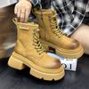 ПУ материал на толстой подошве осень и зима плюс бархат для сохранения тепла, короткие и высокие в стиле ретро британских женских коротких ботинок.