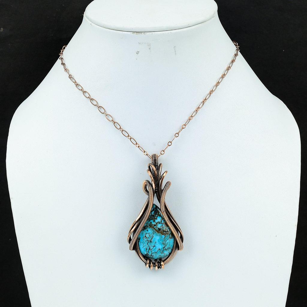 Ravishing Tibetan Turquoise Gemstone Handmade Copper Wire Wrap Jewelry Pendant For Women