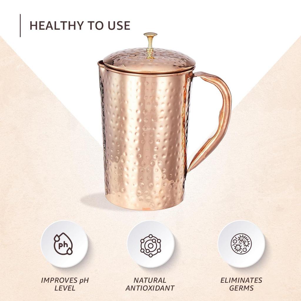 Hammered Copper Jug with Copper Glass, 1350 Ml, Copper Jug with Copper Glass, Hammered