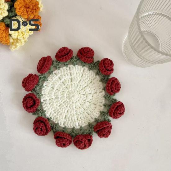 Набор для вязания крючком подставки под стакан с дизайном букета роз, материал из пряжи, устойчивой к усадке, трансформируемая подставка под стакан в виде цветка, подарок ручной работы на день рождения