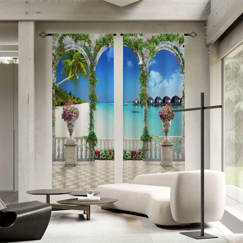 2pcs Landscape Seaside Coconut Tree Blue Sky White Cloud Printed Translucent Curtain Multi-scene Polyester Rod Pocket Decorative