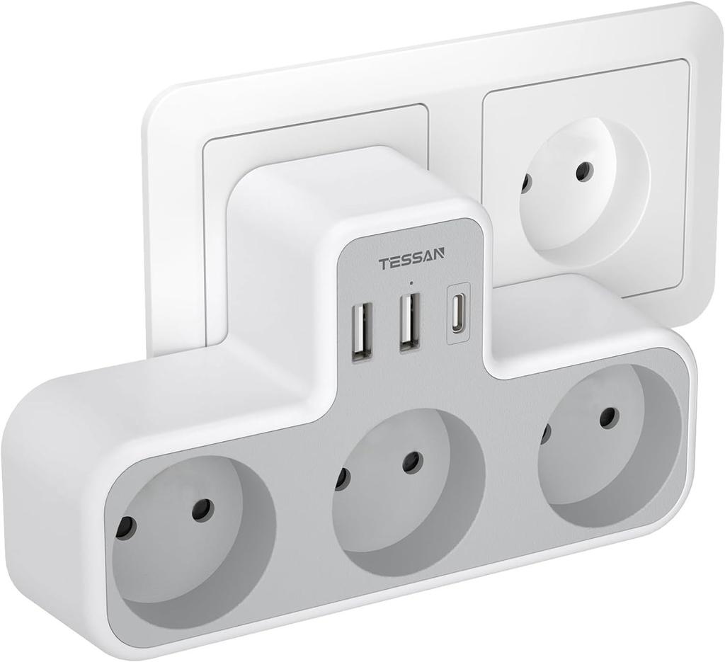 Tessan Адаптер-удлинитель настенной розетки европейского стандарта с 3 розетками переменного тока, 2 портами USB и 1 типом C, удлинитель с несколькими вилками 6 в 1 для дома