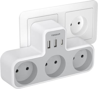 Tessan Адаптер-удлинитель настенной розетки европейского стандарта с 3 розетками переменного тока, 2 портами USB и 1 типом C, удлинитель с несколькими вилками 6 в 1 для дома