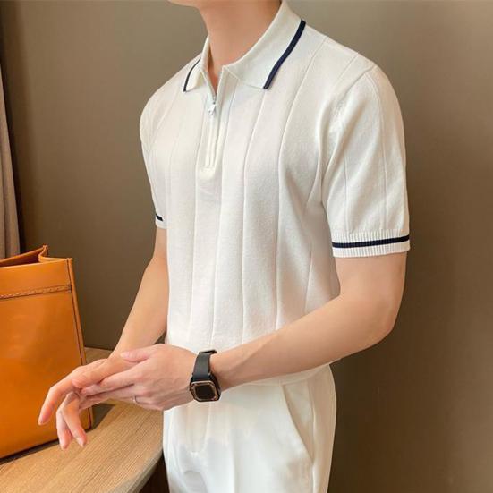 Мужская летняя рубашка, тонкая трикотажная, с коротким рукавом, на молнии, с лацканами, эластичный подол, полосатая, однотонная, свободная рубашка для поездок на работу и путешествий на открытом воздухе