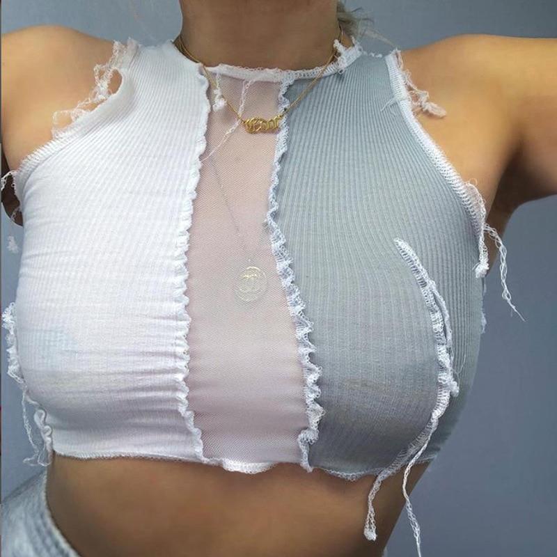 Women’s Summer Color Patchwork Vest Fashion Round Neck Exposed Navel Sleeveless Bottoming Top Ladies Slim Casual Tank Top