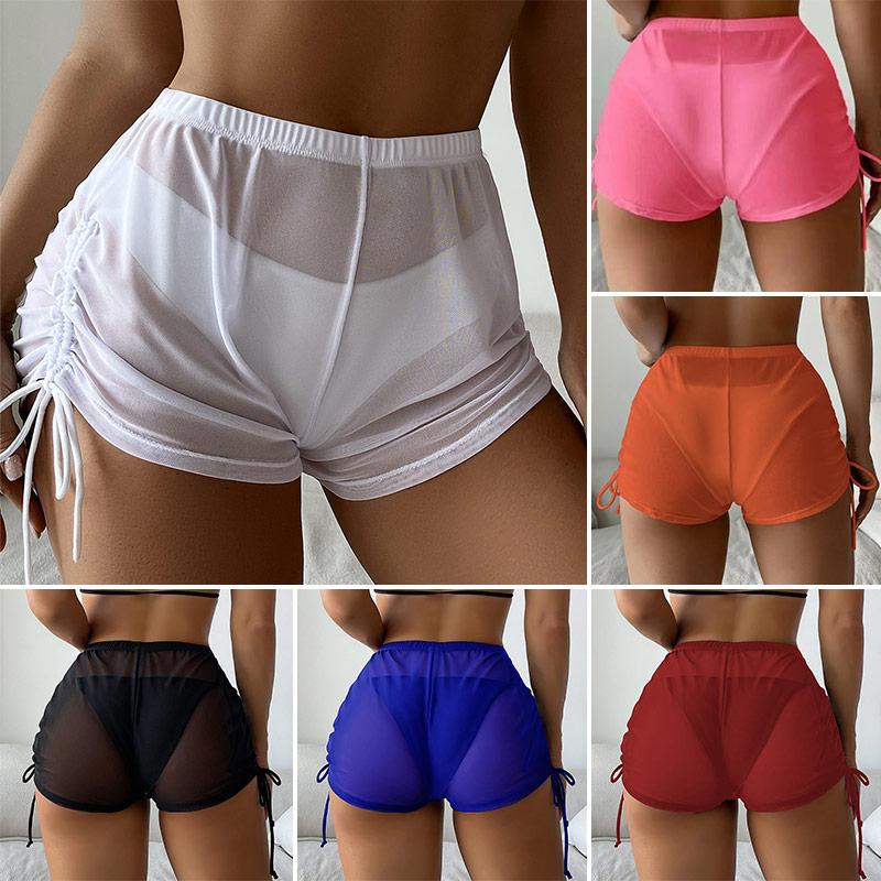 Women's Drawstring Swimwear Beach Shorts Mesh Bikini Cover Transparent Summer