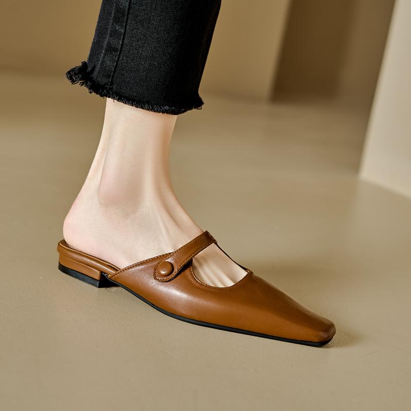 Мода 2025 Новые летние женские мюли из натуральной кожи, женская обувь с квадратным носком и массивным каблуком, туфли с закрытым носком, сандалии-слингбэки, шлепанцы