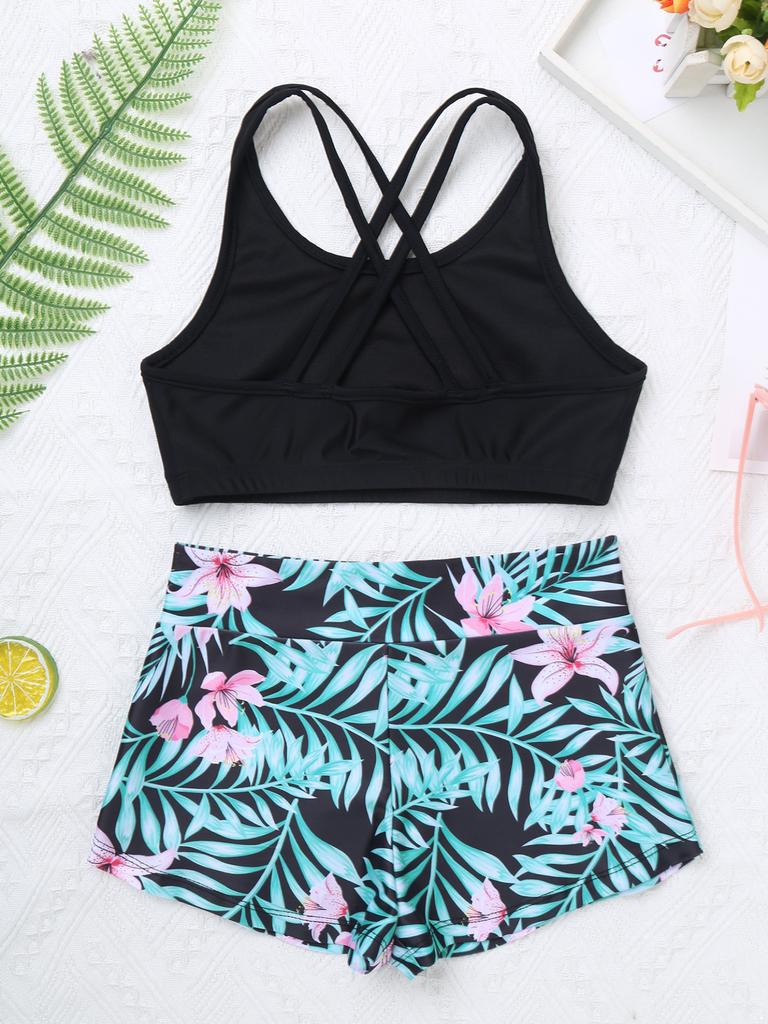 Детский комплект танкини для девочек, спортивный купальник, жилет, топ с шортами и трусами, танцевальная гимнастика, купальная одежда