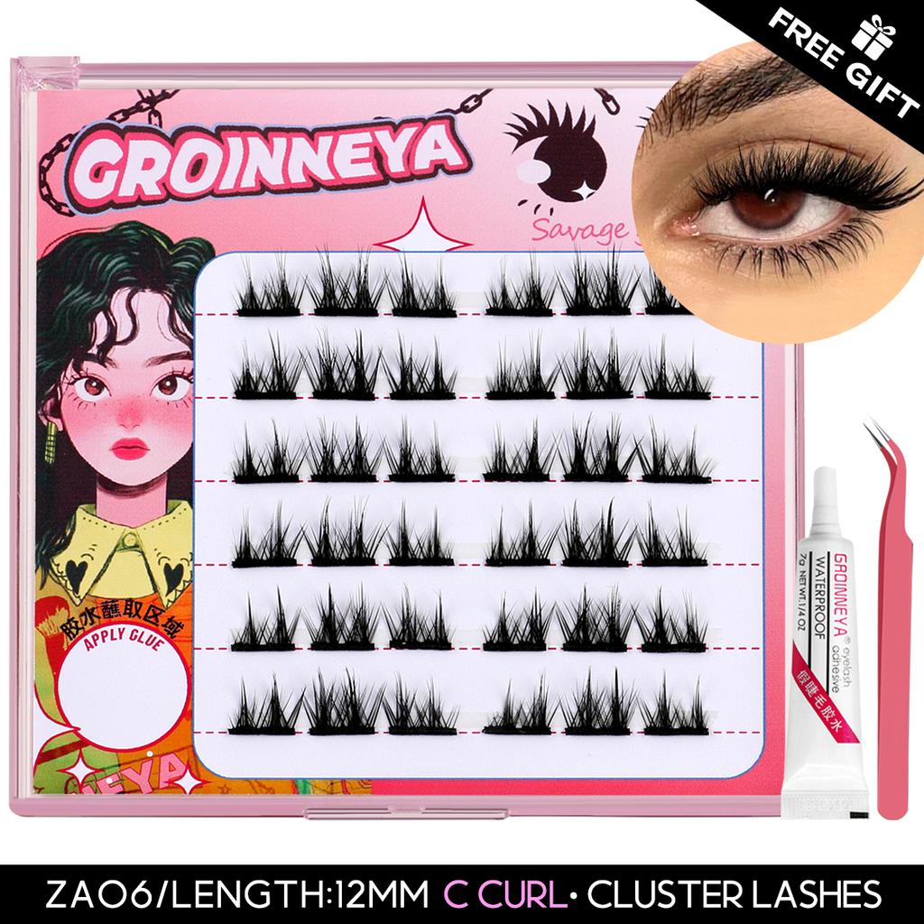 GROINNEYA DIY Eyelash Extension Kit Individual Lashes Cluster Mix Lash Clusters with Lash Bond and Seal and Lash Accessories
