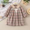 Детская одежда, весенне-осеннее платье для девочек, клетчатые платья с лацканами и длинными рукавами, студенческая форма с бантом, повседневное платье для детей