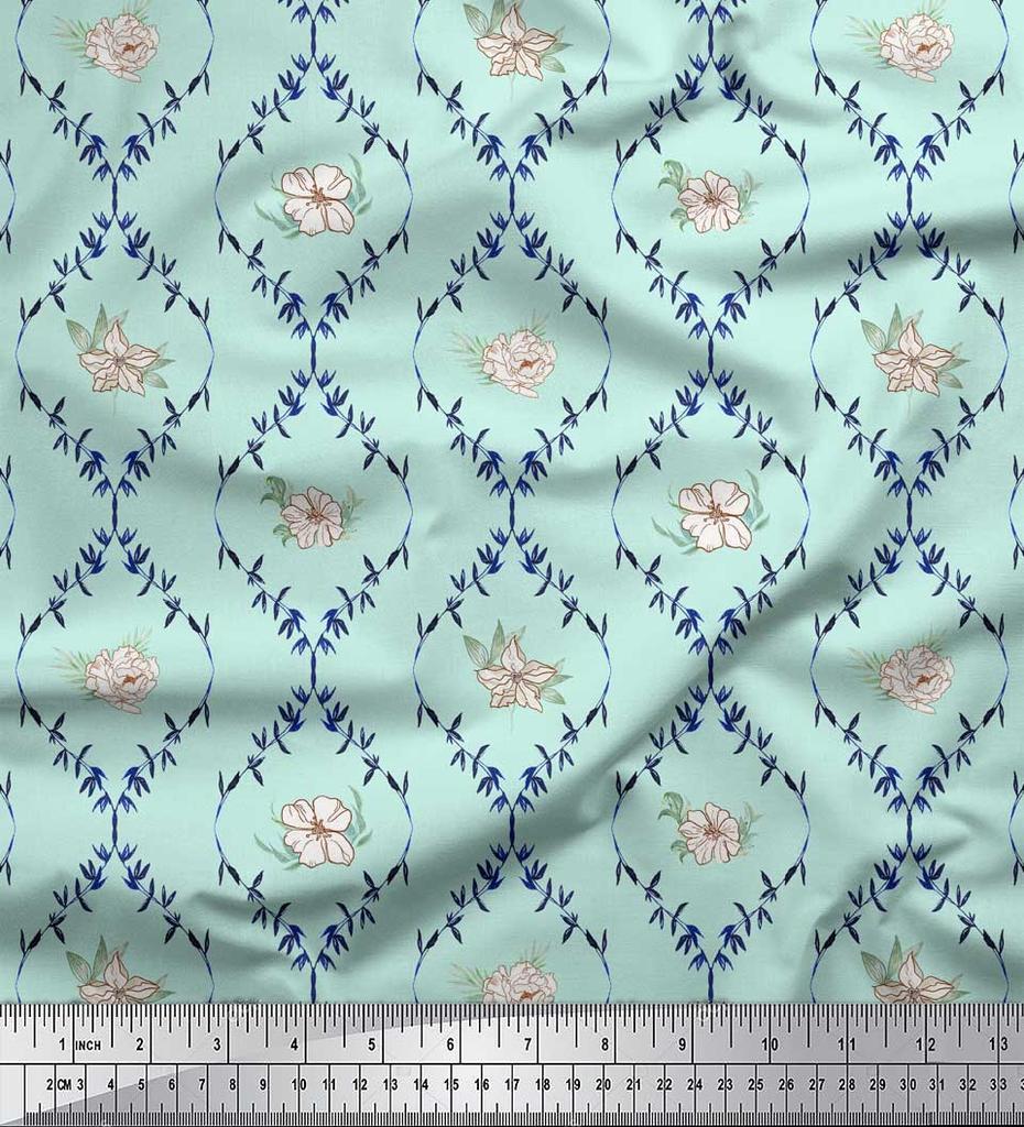 Soimoi Blue Poly Crepe Fabric Azalea & Peony Damask Print Fabric by the metre 42 Inch
