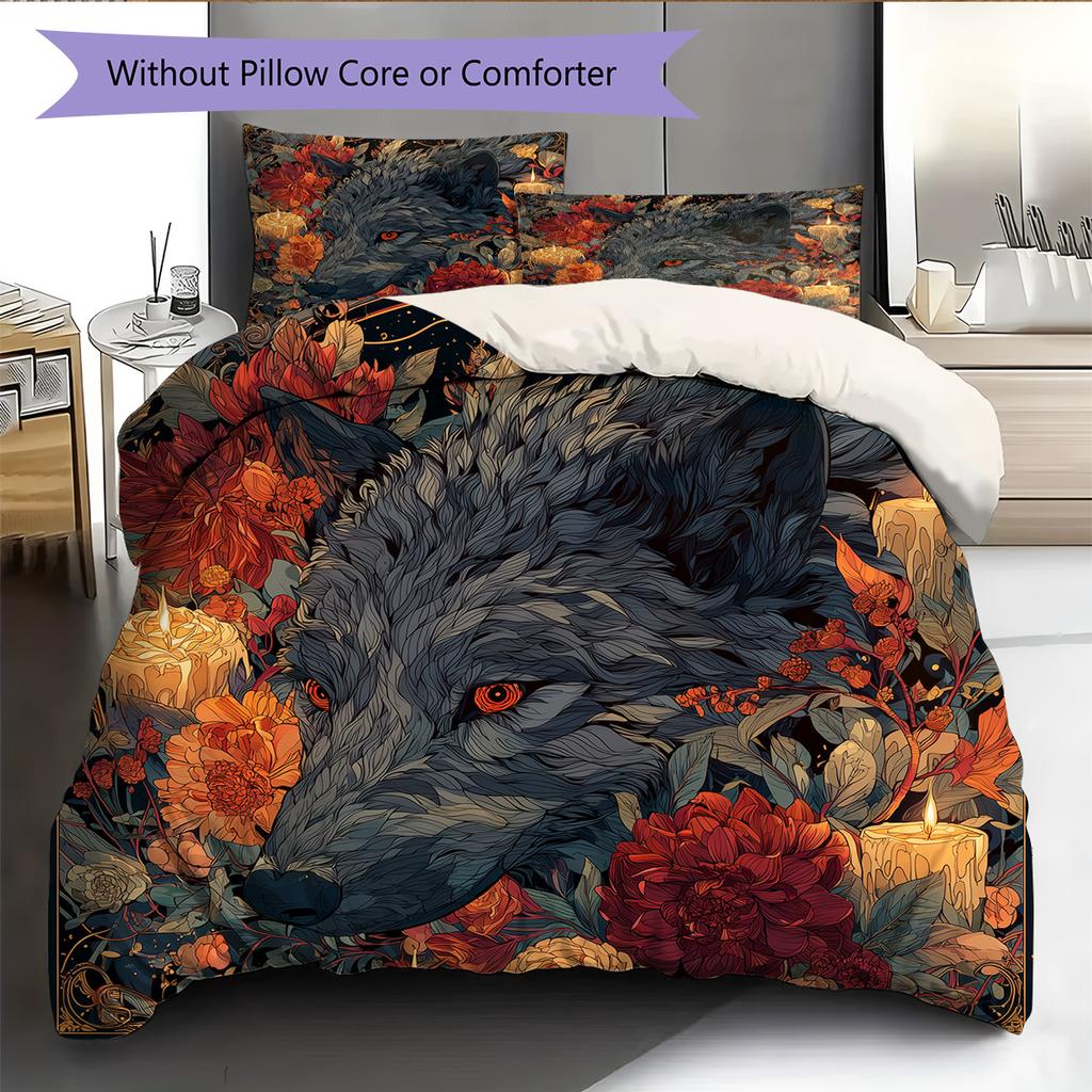 Flame wolf Pattern Bedding Quilt Set Quilt Cover Pillowcase Home Decoration Gift (1 * duvet cover + 2 * pillowcase, without core)