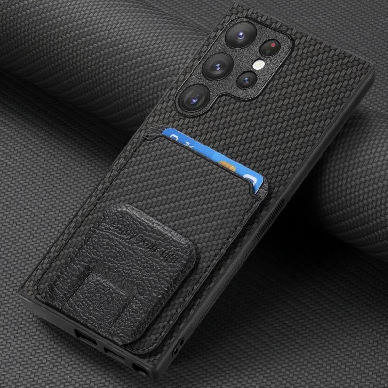 Чехол-подставка из углеродного волокна для Samsung Galaxy S23 FE S22 S24 Ultra Plus A15 A25 A24 A35 A05 A05S, кошелек с держателем для карт