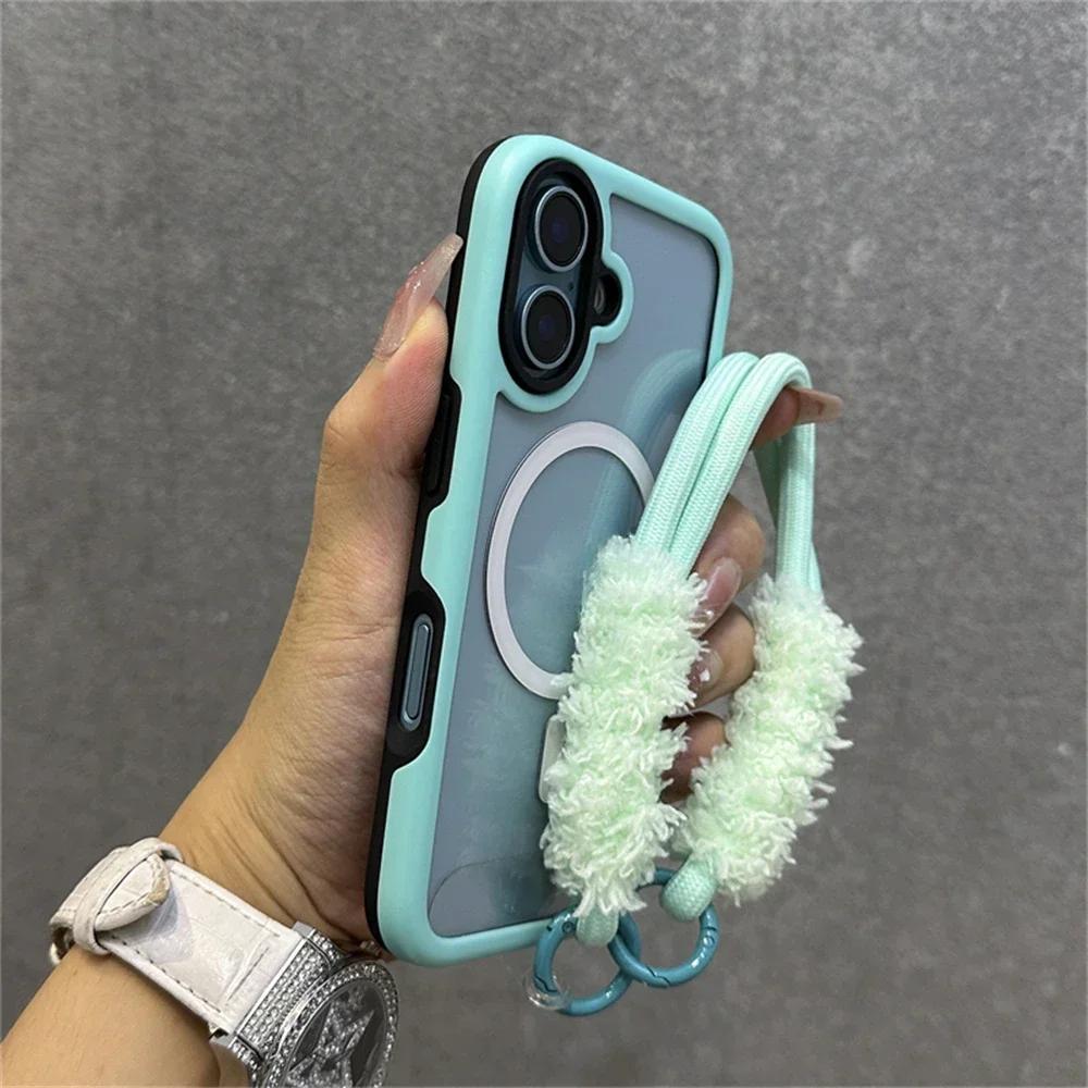 Чехол Armor Candy Color Clash для Magsafe Magnetic Clear Phone Case с плюшевым ремешком для iPhone 16 Pro Max 15 14 13 Cover