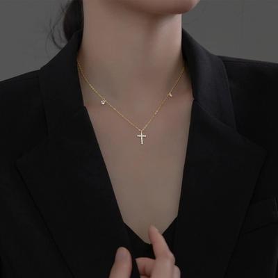 Серебряная 925 пробы цепочка с крестиком и фианитами, женская N062