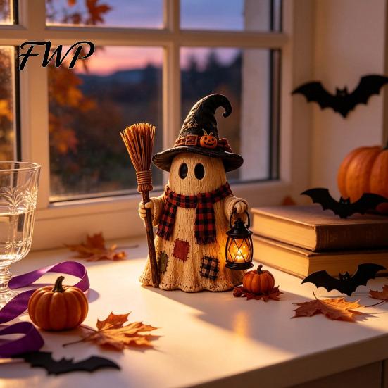 Rustic Wood Craft Accents Wooden Halloween Figurine with Lantern, Pumpkin Scarecrow Skeleton Mummy Ghost Witch Desktop Decorative Statues Statue,