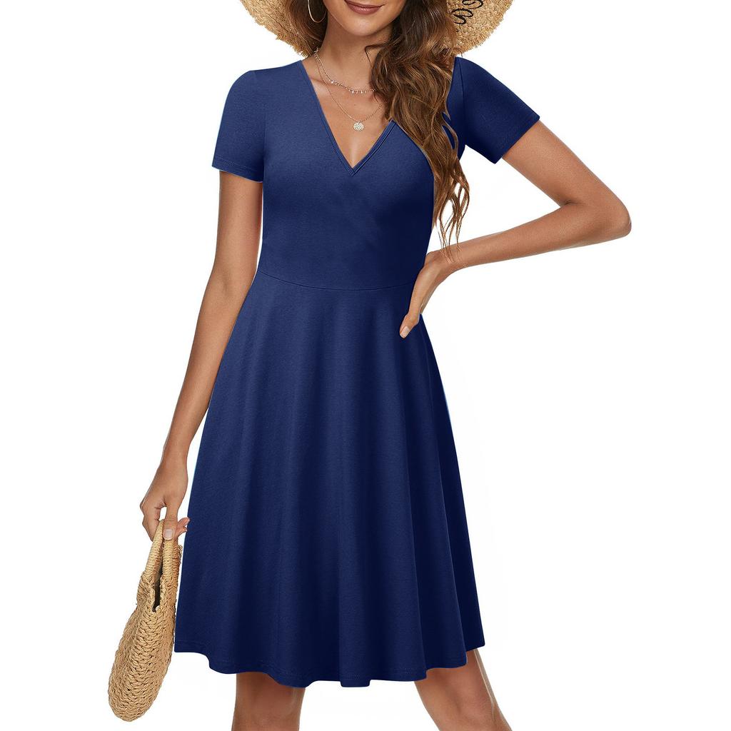Женское повседневное модное однотонное платье трапециевидной формы с перекрестным v-образным вырезом и короткими рукавами и талией, большое свободное платье
