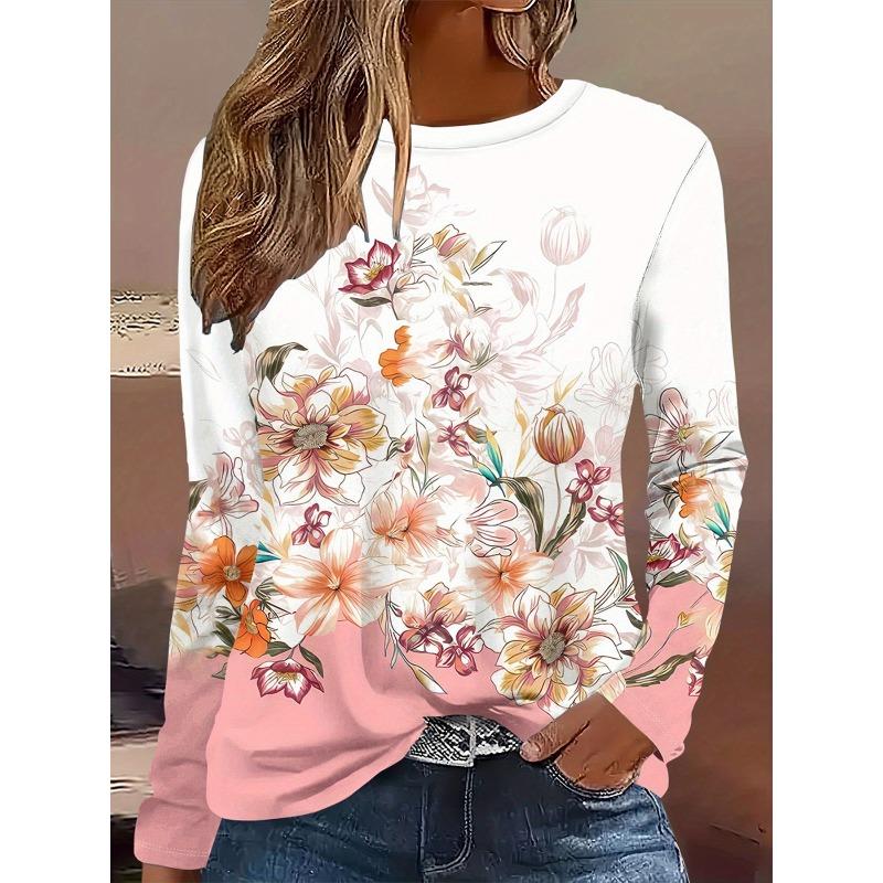 3D Flower Butterfly Pattern Printed Casual Long Sleeved Women's T-shirts - Soft Medium Stretch Polyester Fabric Spring and Autumn Relaxed Fit Clothing