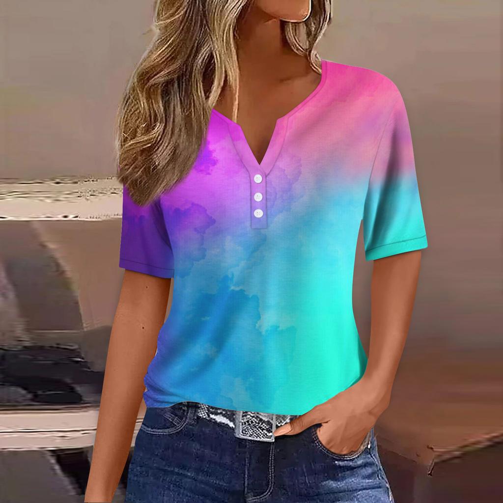 Женская футболка Футболка Принт Пуговица Короткий рукав Повседневная Мода для выходных Базовая V-образный вырез Обычный топ