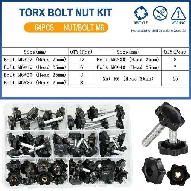 Hand Knob Screws Bolt kit M5 M6 M8 Plum Handle Six-star Glue Star Shape Head Thread Clamping Thumb Handle Machine Bolts Nut