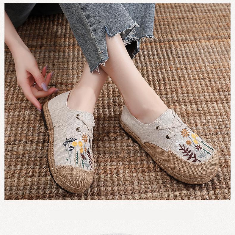 Johnature Flats Women Shoes Embroider Retro Lace-up Round Toe Cotton Linen Handmade Concise Comfortable Ladies Shoes